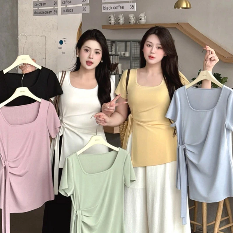 【8670】大码女装胖mm遮肚子显瘦上衣夏季设计感开叉绑带短袖T恤