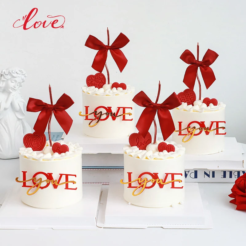 520情人节蛋糕装饰亚克力爱心love摆件蝴蝶结情侣告白爱心插件