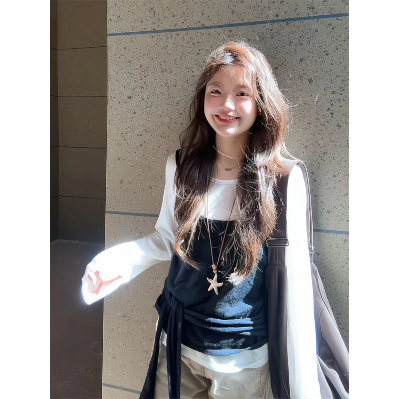 韩系撞色叠穿长袖t恤早秋别致绑带上衣两件套直筒宽松休闲阔腿裤