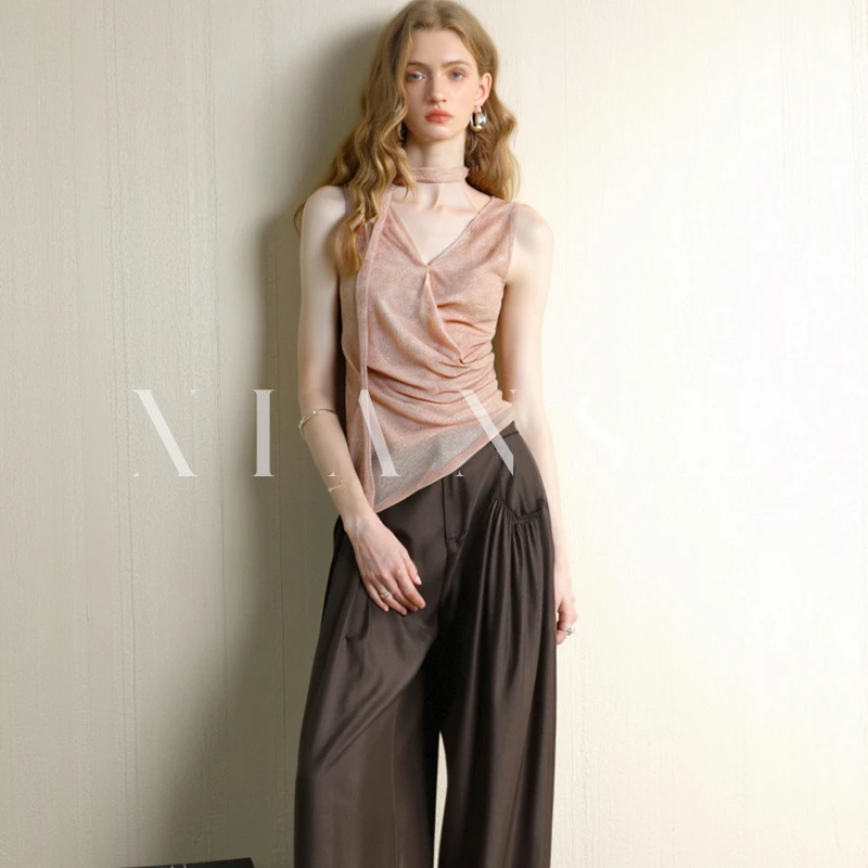 粉色V领挂脖飘带吊带背心女夏2025新款纯欲风甜辣妹法式气质上衣