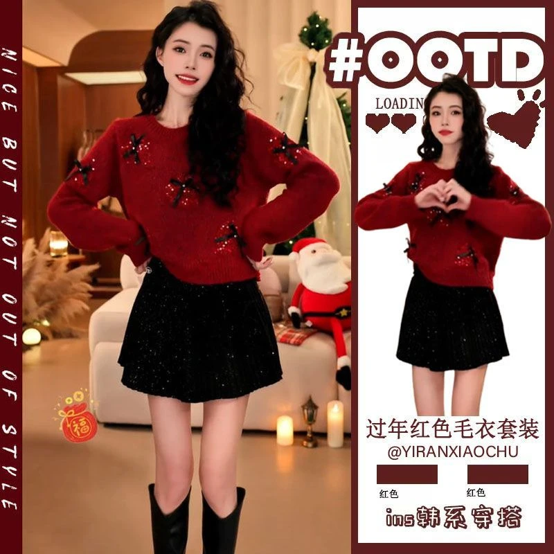 过年战袍女2025新款新年洋气红色蝴蝶结时尚毛衣