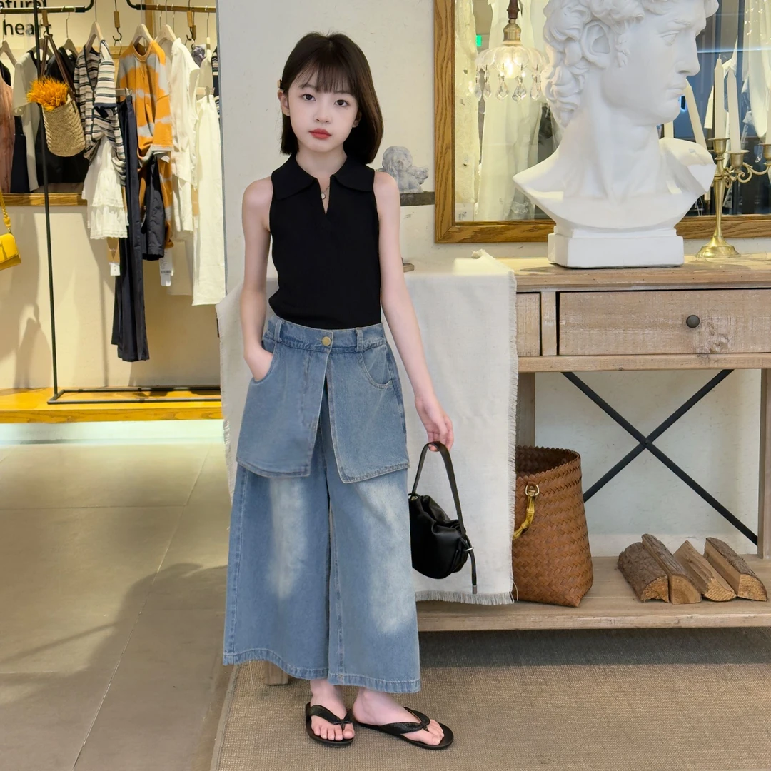 欧货设计感屁帘阔腿牛仔裤女童2025夏季新款黑色v领上衣时尚设计