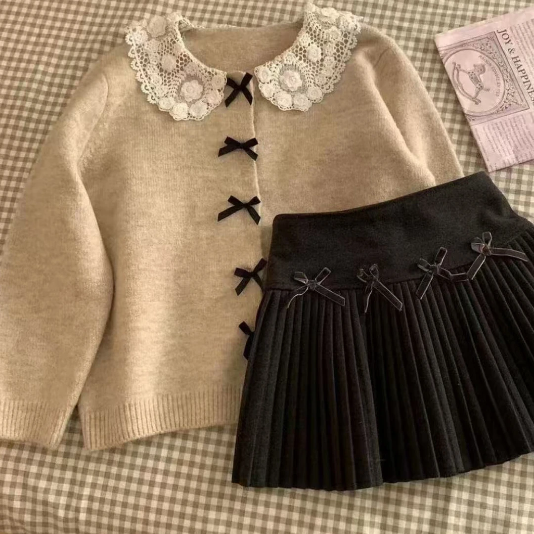 早秋款韩系甜美风蝴蝶结蕾丝娃娃领慵懒小个子针织开衫