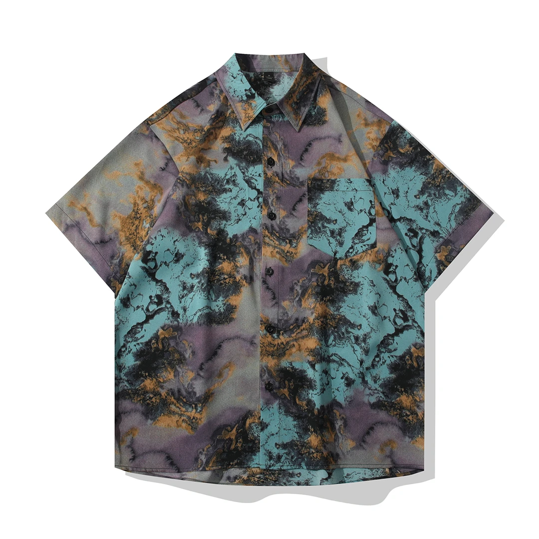 夏季宽松ins设计感男冰丝衬衫复古短袖美式休闲印花宽松痞帅衬衣