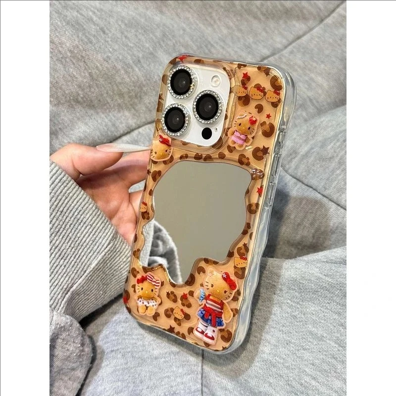 可爱原田治豹纹黑皮凯蒂适用苹果17/16补妆镜波浪壳15/14/13/12软