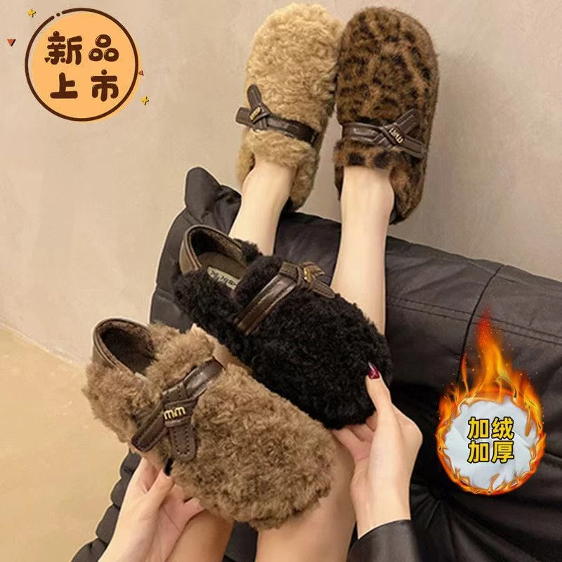 厚底一脚蹬毛毛鞋冬春外传居家女鞋蝴蝶结百搭气质加绒棉鞋