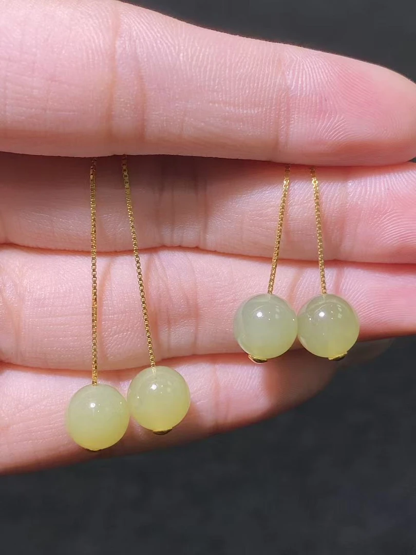 XSM002-116天然和田玉黄口圆珠耳饰多样性发其一