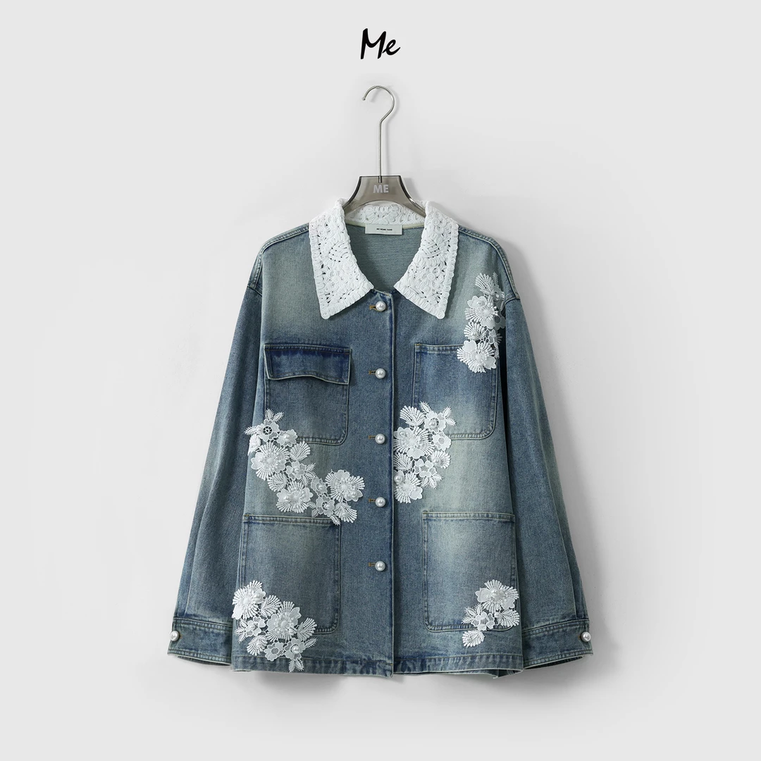 ME【白山茶牛仔】重工蕾丝钉珠做旧水洗时尚百搭一手长外套MESS1172