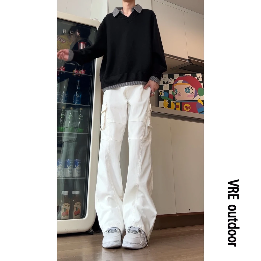 美式高街白色牛仔裤男款秋季新款工装裤子修身窄版休闲直筒微喇裤