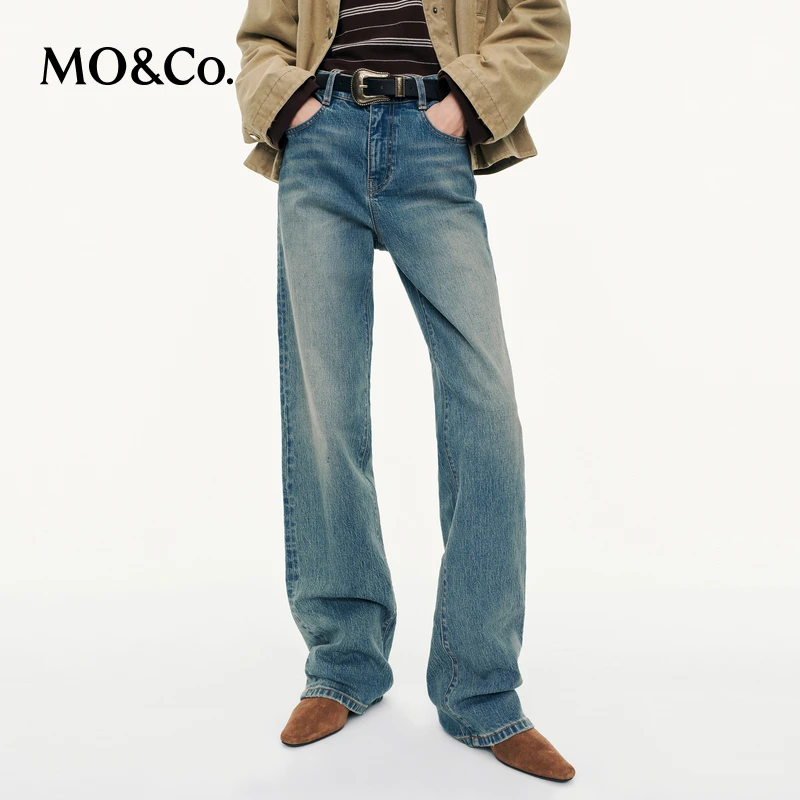 MOCO牛仔裤2025秋新品双芯牛仔重工洗水微弹直筒高腰MBE3JENT03