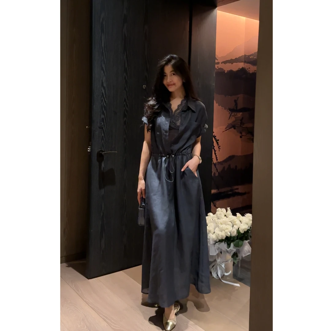 N.COU妮蔻25夏新款气质高级感通勤抽绳腰苎麻连衣裙带内搭DY52268