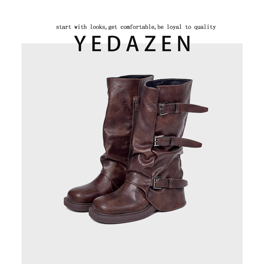 现货葡萄吗同款内增高中筒裤管靴女秋复古西部牛仔厚底褶皱堆堆靴