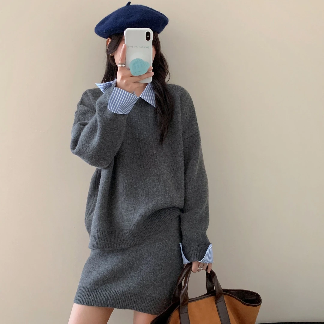 2025秋季新款女装时尚设计感假两件上衣舒适休闲百搭半身裙子套装