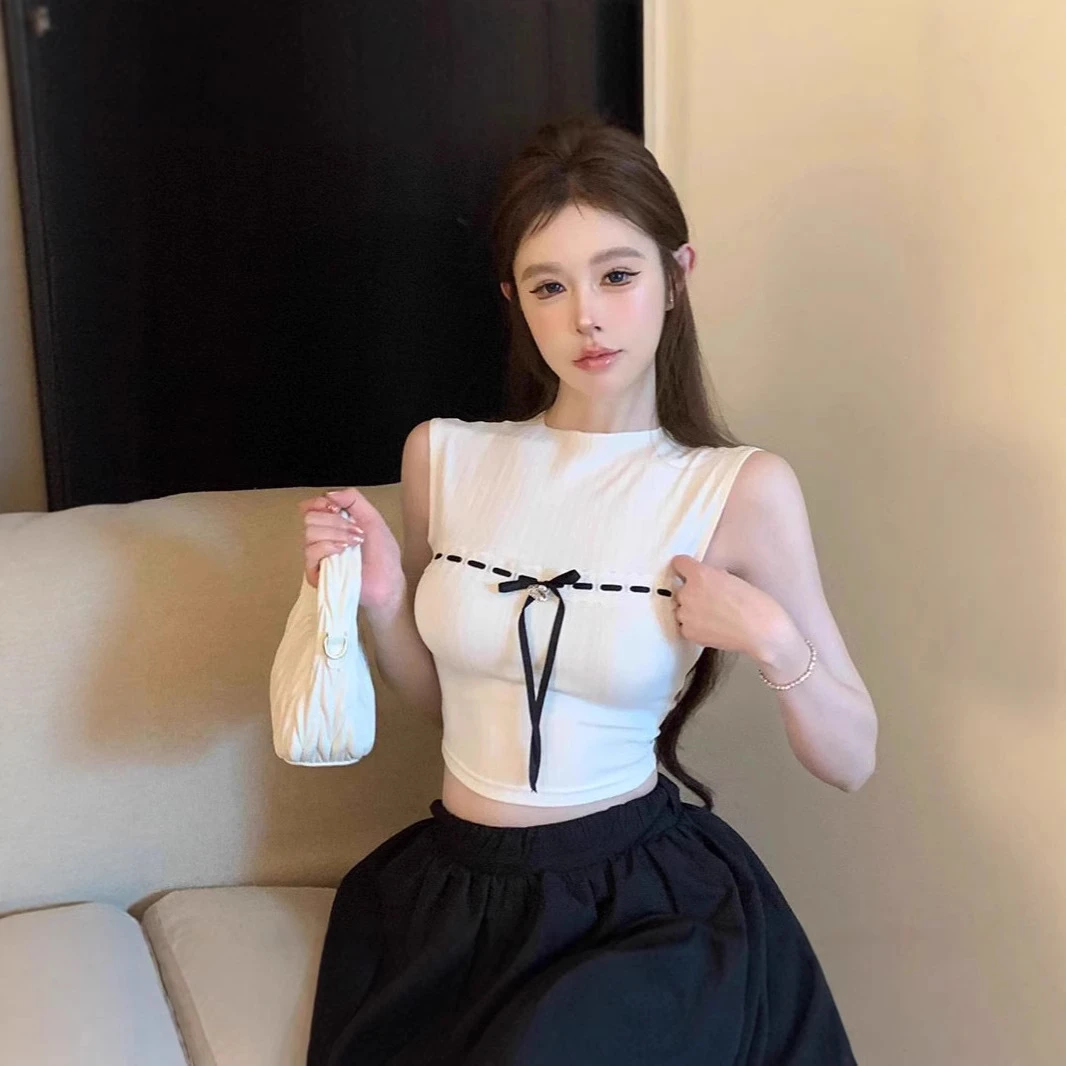 小香风绝美半高领吊带白色背心女外穿夏季甜辣妹抹胸上衣泰式小众