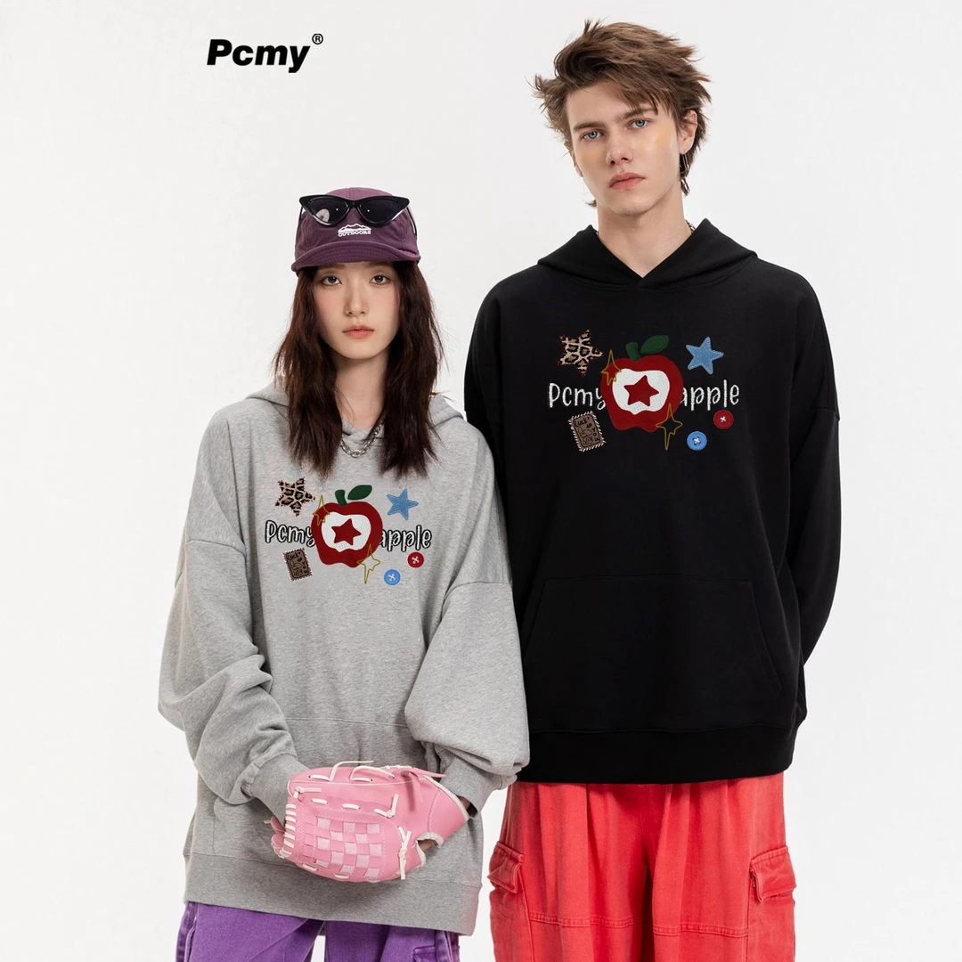 PCMY五角星苹果春季潮牌男女同款连帽卫衣宽松小众百搭情侣装潮流