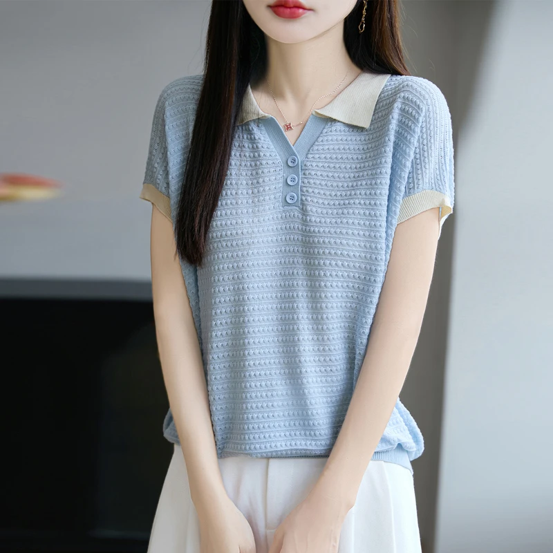 大码夏季桑蚕丝翻领时尚百搭短袖T恤女宽松显瘦遮肚冰丝针织上衣