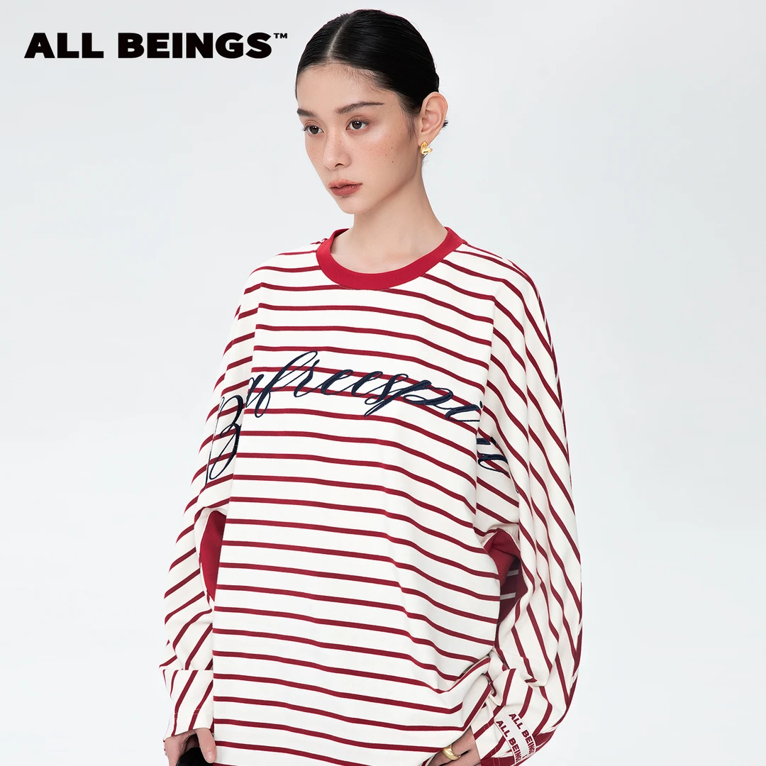 ALL BEINGS25AW设计师新款宽松显瘦条纹拼色刺绣廓形长袖T恤