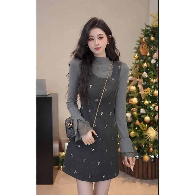 【午后童话】法式打底衫+印花背带裙两件套女秋冬