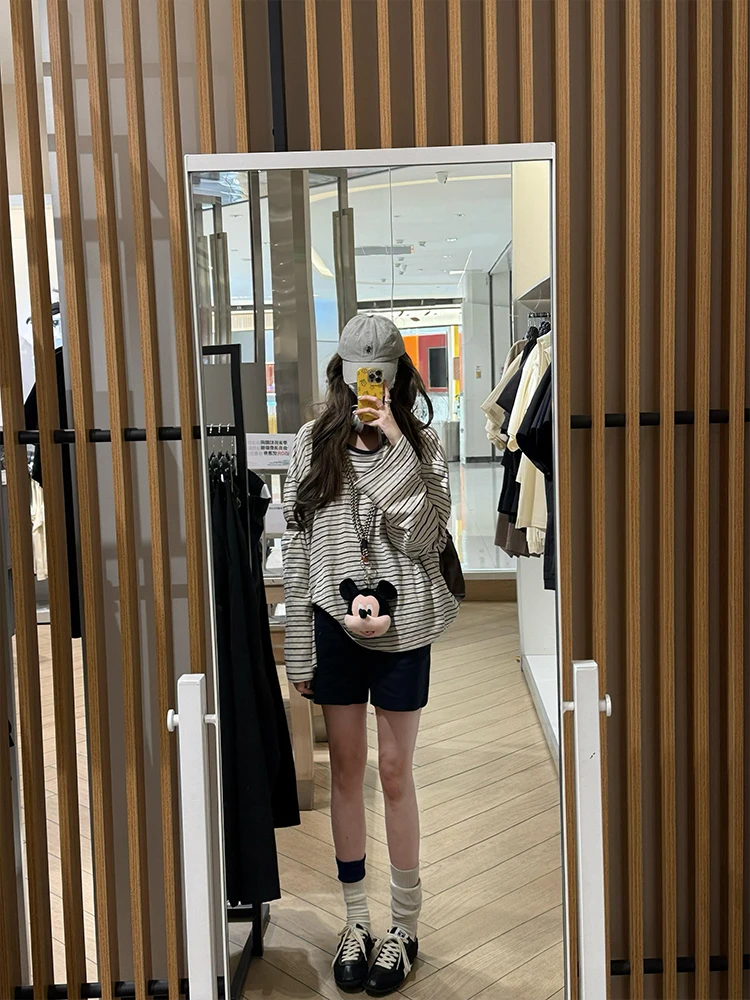 黑白条纹长袖薄款t恤女夏季韩系宽松慵懒风透气防晒罩衫早秋上衣
