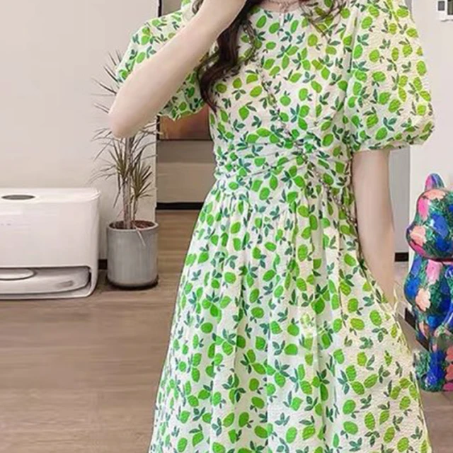 仙女裙柠檬绿系带泡泡袖连衣裙X-XA0811