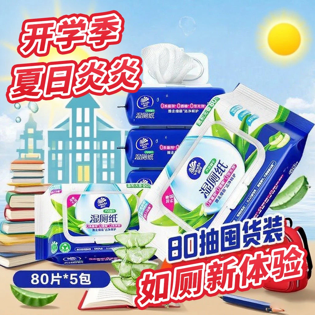 【400片 用一学期】维达芦荟湿厕纸80片5包整箱家用女湿纸巾擦屁股