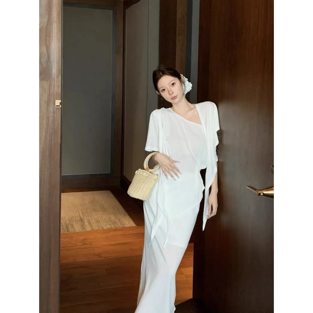 老钱风松弛感女装贵气K松弛感套装薄款斜肩短袖T恤白色披肩上衣女