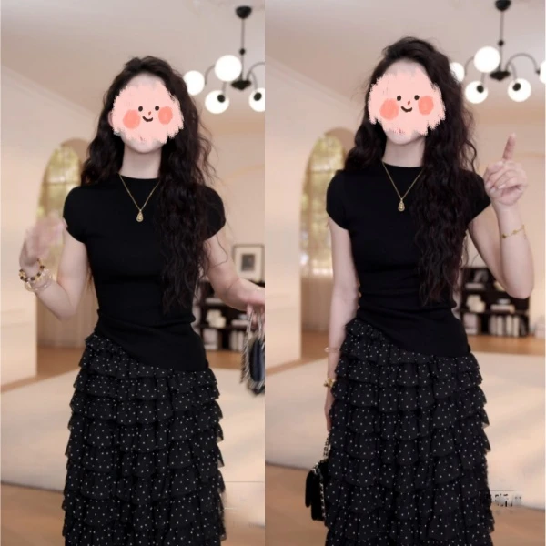 夏季百搭纯色坎肩针织短袖+显瘦气质松紧腰蛋糕波点半身裙套装