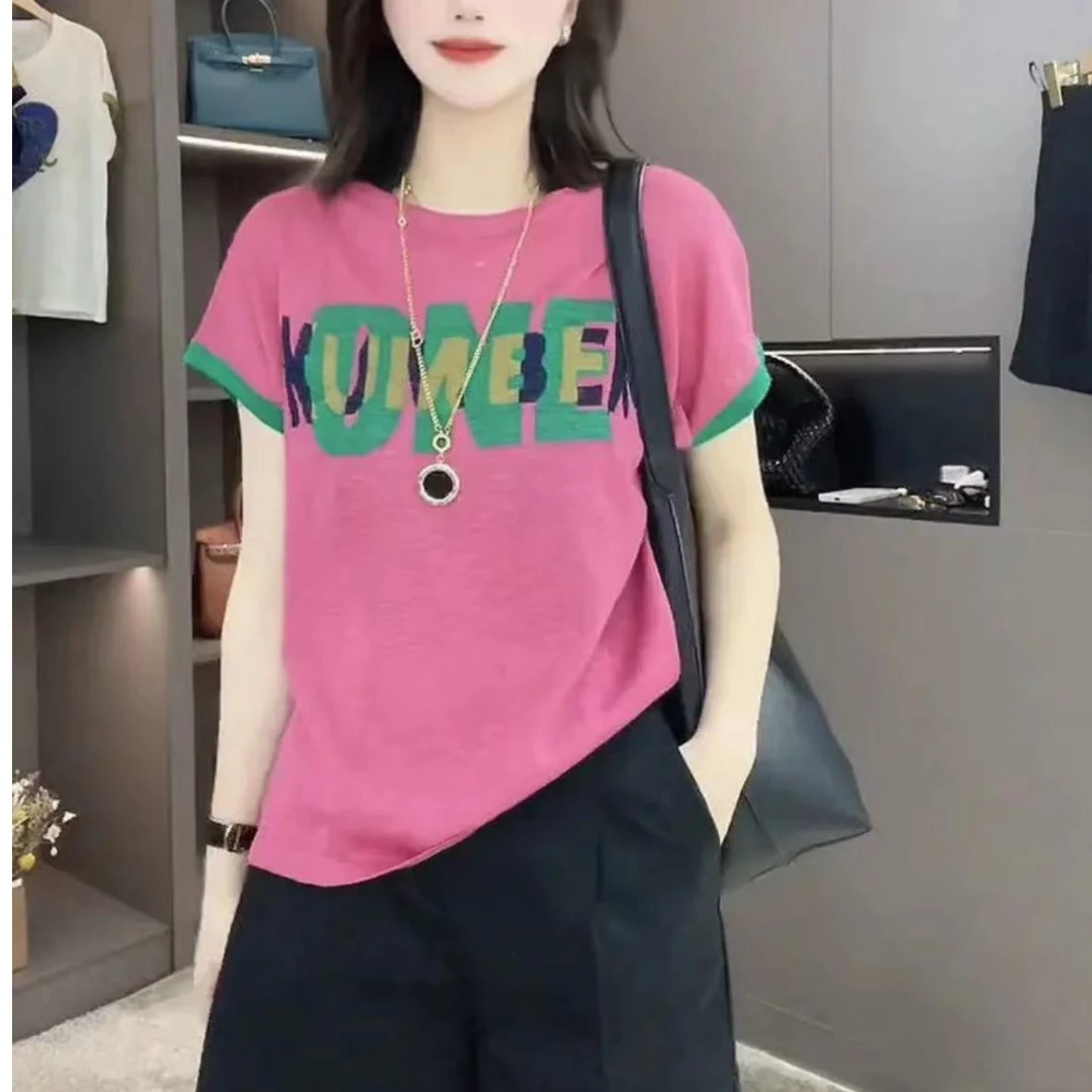 冰丝短袖t恤2025夏薄款欧货宽松字母印花针织衫半袖上衣2591长63