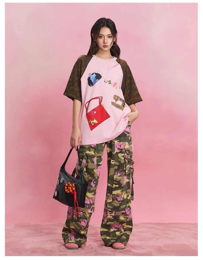 sofitte玫瑰迷彩印花绑带多口袋工装裤