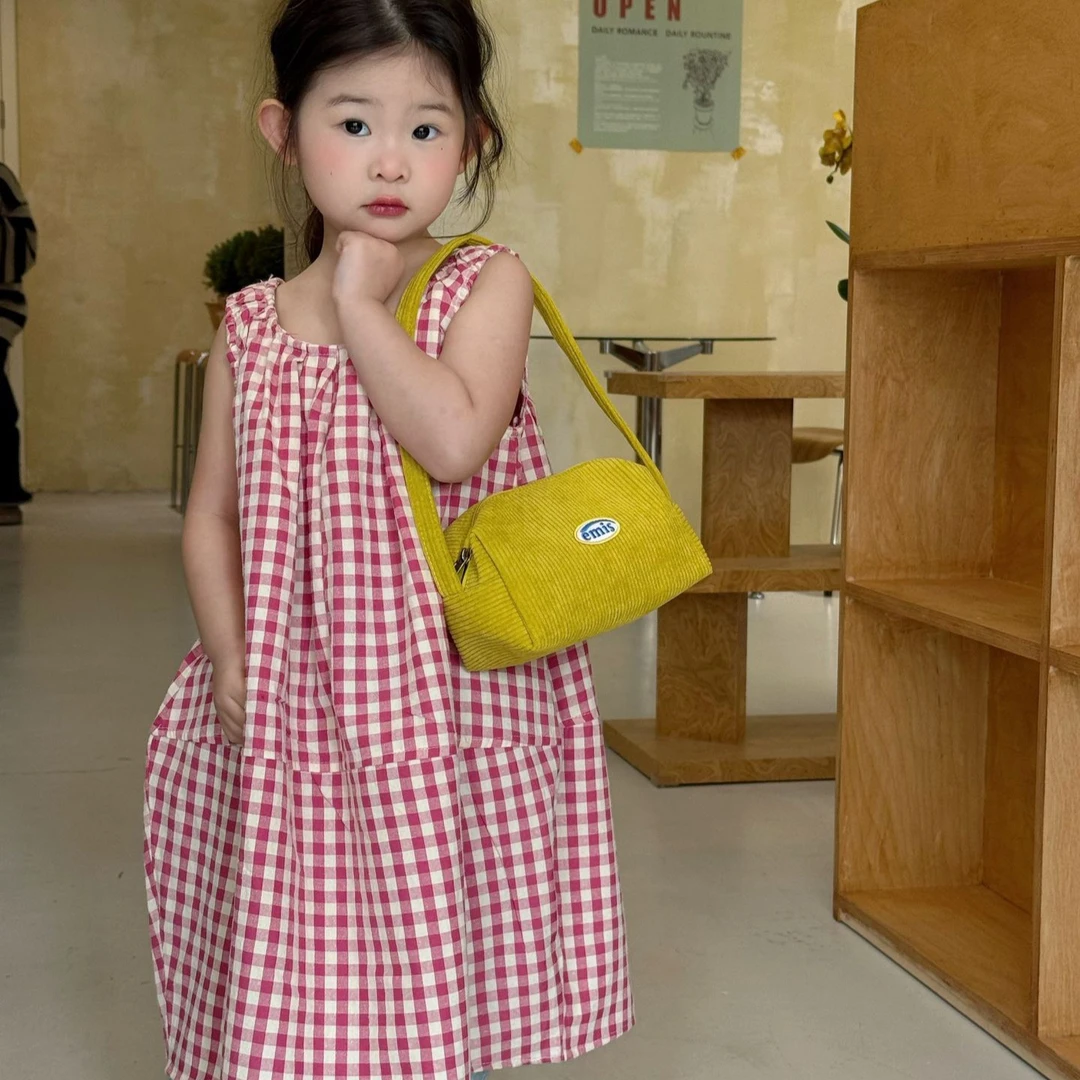《小思家》女童2025夏季新款韩休闲甜美度假风版格子花苞背心连衣裙