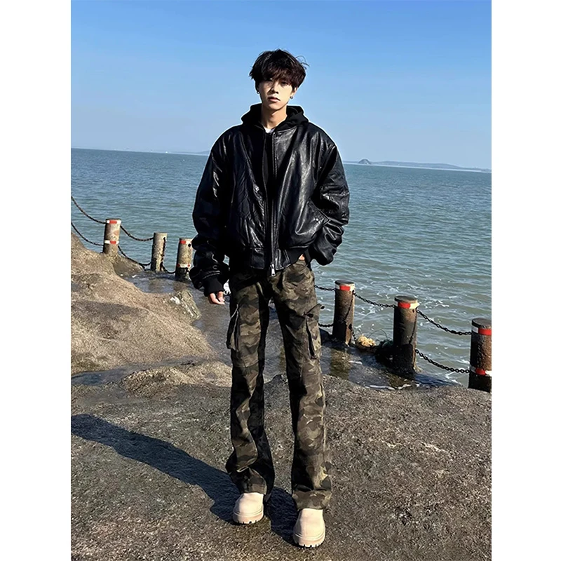 美式迷彩工装裤男春秋户外大口袋伐木微喇裤子cleanfit复古直筒裤