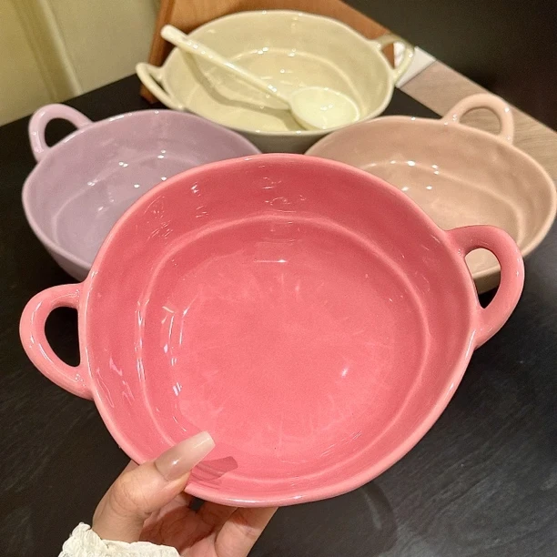 陶瓷手捏不规则双耳碗水果沙拉碗泡面碗家用宿舍学生餐具螺蛳粉碗