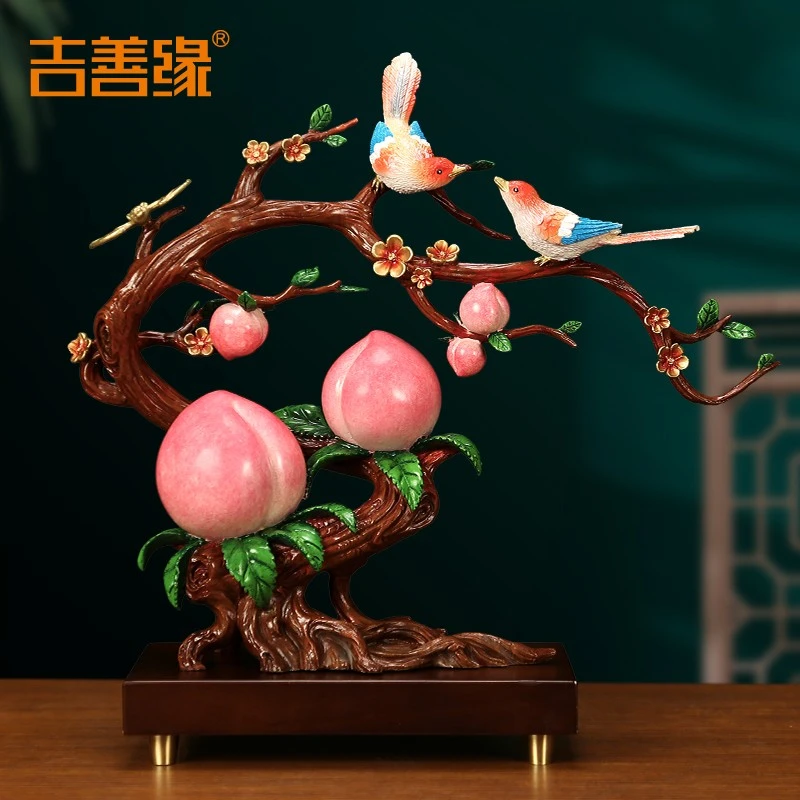 《福寿双喜》纯铜寿桃摆件 喜鹊结婚送长辈贺寿生日礼品创意中国风