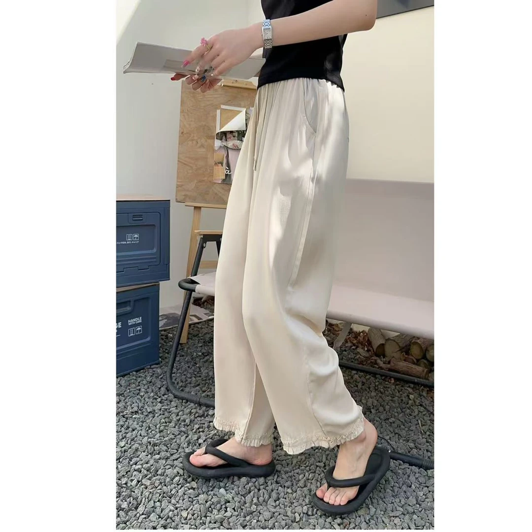 当当家-女士斜纹棉绸夏季宽松垂感高腰洋气人造棉直筒花苞裤-819