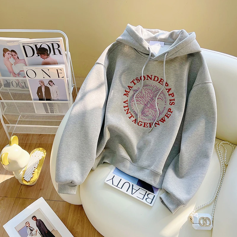 巨好看刺绣字母休闲连帽卫衣女冬季爆款时尚小个子加绒宽松外套潮