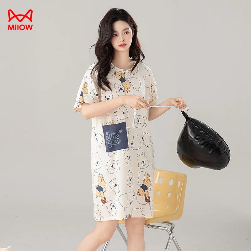 MiiOW/猫人夏季女士7A抗菌拉架棉短袖睡裙口袋卡通熊宽松家居服