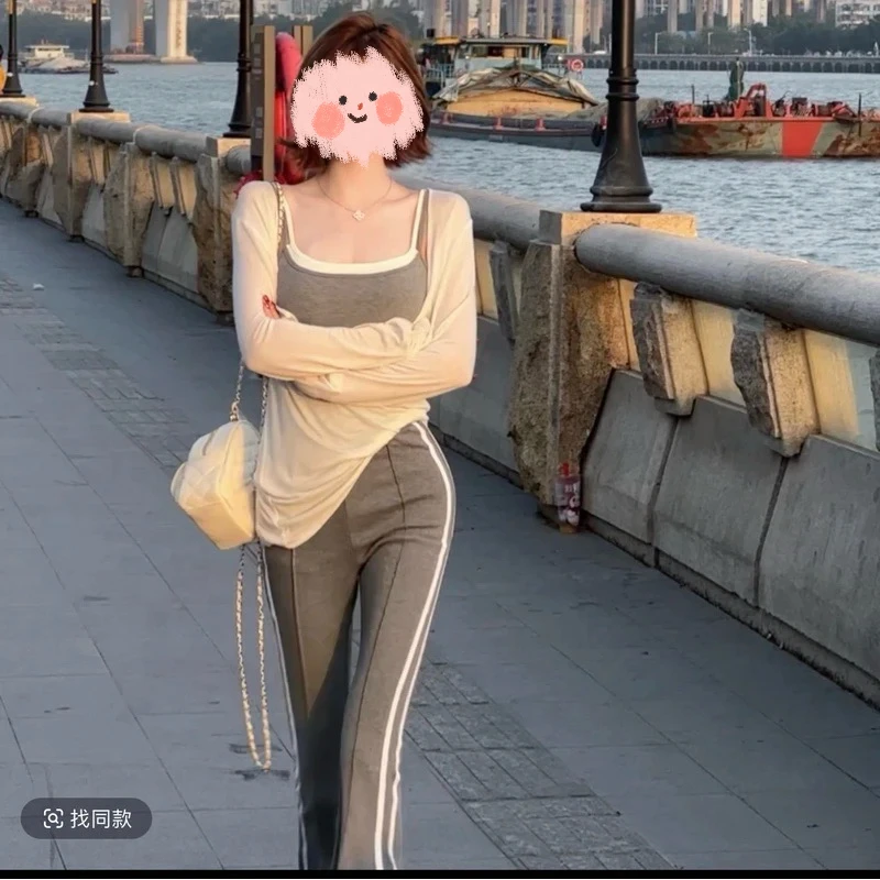 2025春夏新款灰白条纹运动裤休闲高弹显瘦长裤+假两件T+罩衫