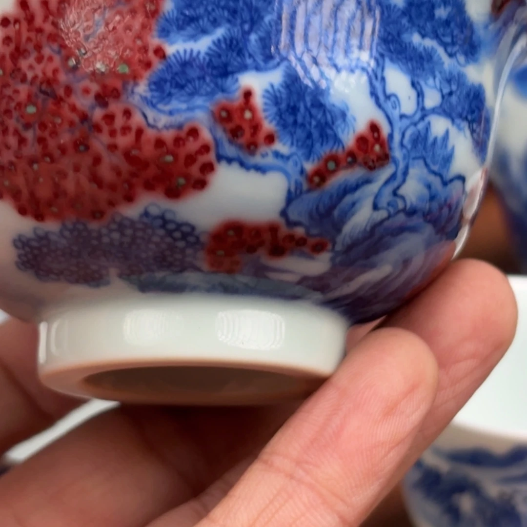 陶摆件微瑕手绘釉里红压手杯山水景德镇发货