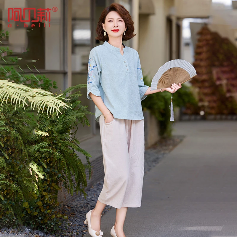 气质妈妈夏装薄款套装时尚高档纯棉短袖上衣中老年女装洋气两件套