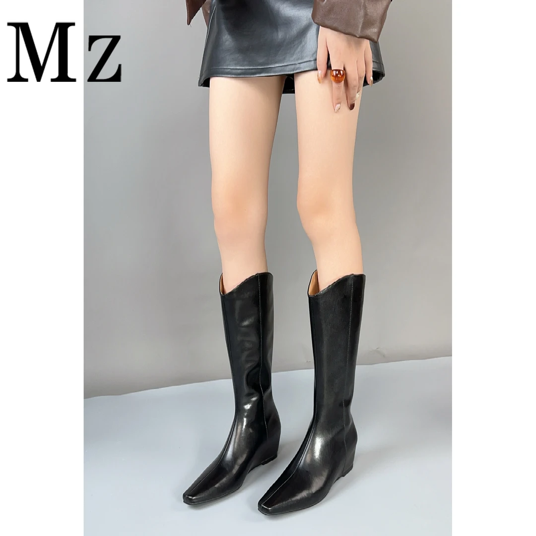 Mr.Zheng/5cm/内增高长靴尖头V口骑士靴高筒靴真皮鞋子秋冬女靴