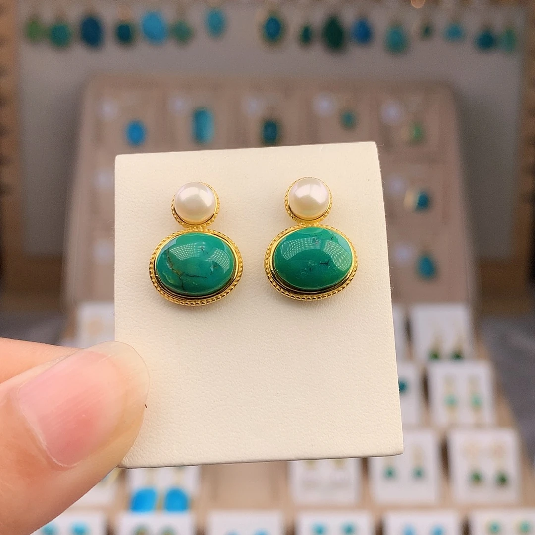 绿松石银S925镶嵌耳饰