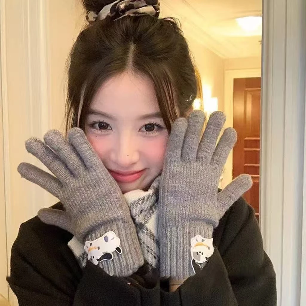 新款学生骑行防冻保暖分指手套可触奔跑屏小狗双层加厚绒针织手套