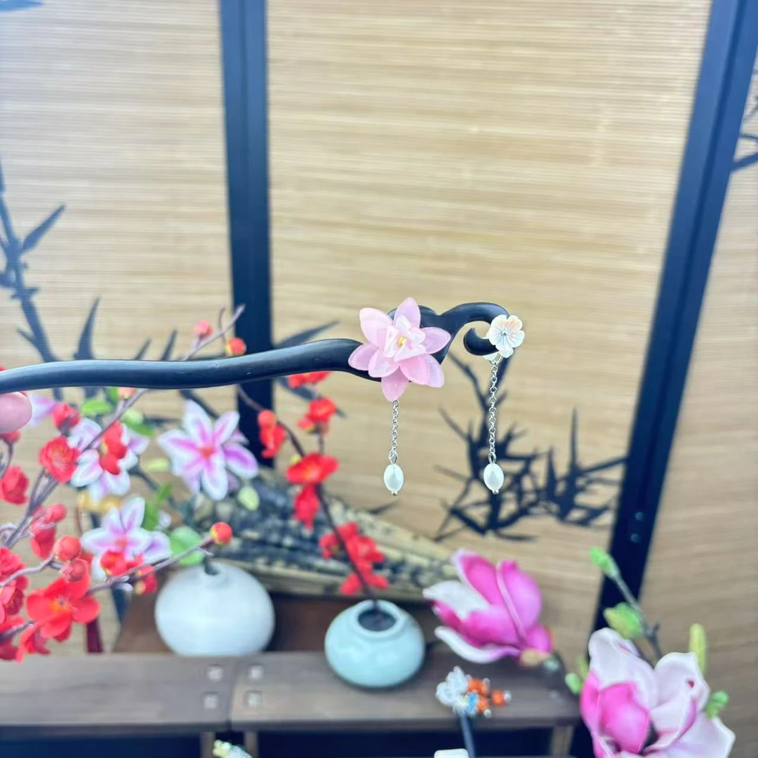 紫光黑檀木"粉色双花“盘发素款纯手工对夹发饰国风发簪百搭旗袍