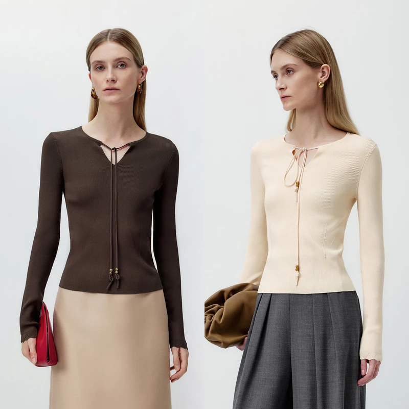 LYNEE【巷口阳光】系带新款针织上衣女复古长袖套头毛衣LGD2FAK014