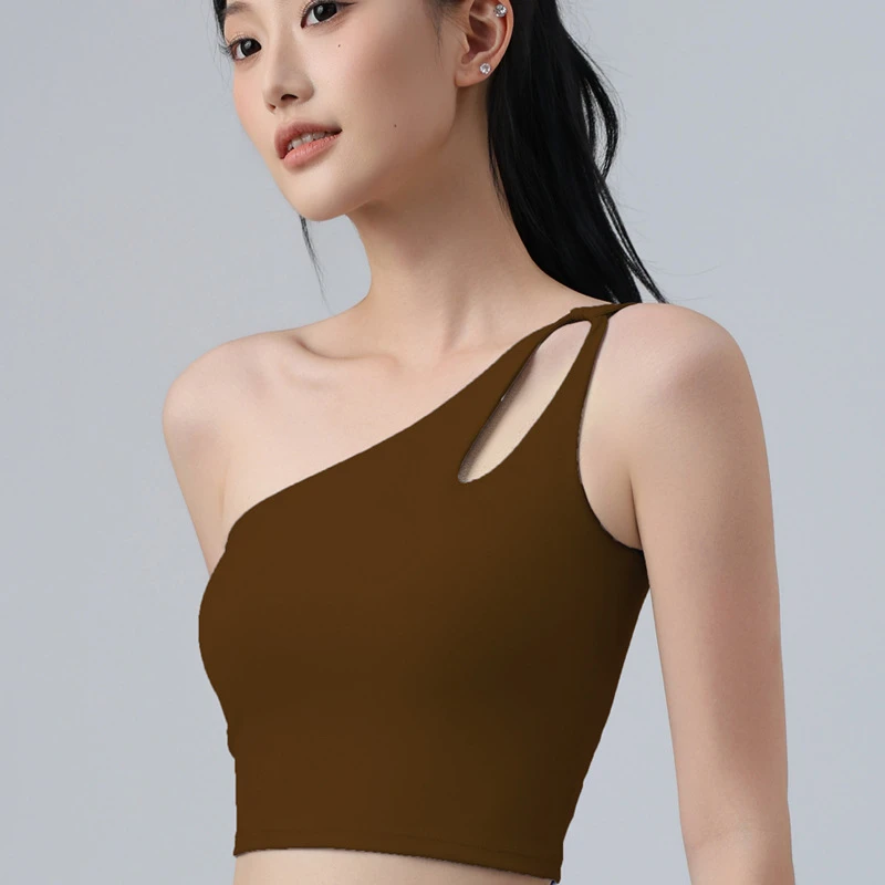 新款跨境时尚单肩镂空瑜伽背心女运动健身训练美背瑜伽套装带胸垫