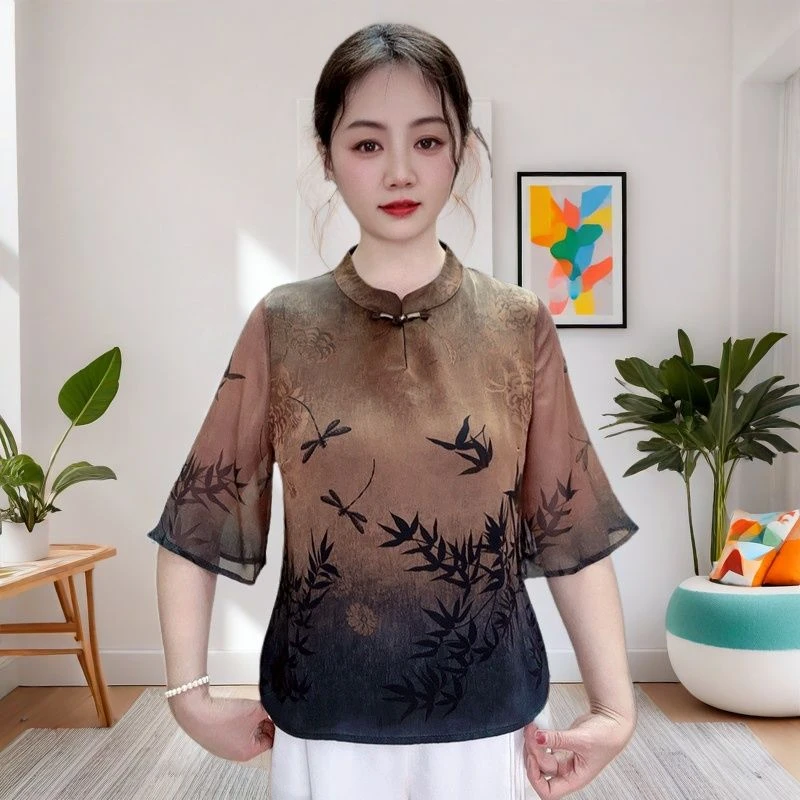 新款妈妈夏装新中式国风t恤小衫中老年女装洋气民族风薄款上衣