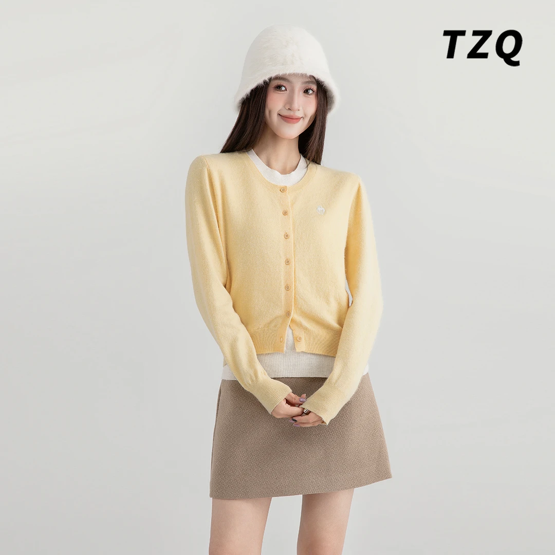 慵懒风假两件圆领针织开衫毛衣外套女秋冬爆款短款长袖