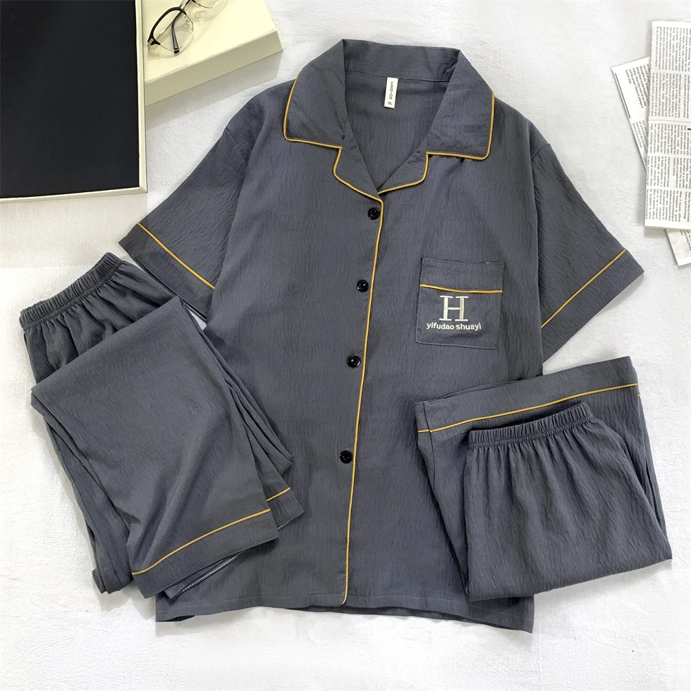 【三件套】夏季睡衣男青年短袖休闲宽松加大码薄款爸爸家居服套装