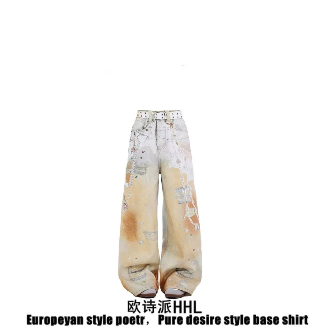 美式高街链条印花高腰牛仔裤女2025夏季新款多巴胺宽松阔腿长裤子