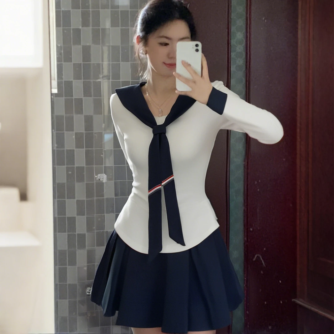 白色海军领内搭上衣女早秋季韩系学院风jk制服短裙子套装纯欲穿搭